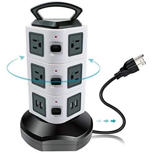 Surge Protector Power Strip Tower Electric Charging Station 3000W 13A 16AWG 10 Outlet with 4 USB Slot, Multi Plug Outlet with 6 ft Long Cord Wire for PC Laptops Mobile Office Home