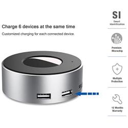 VOGEK 6-Port USB Charger Desktop Charging Station with Smart Identification (Silver-Black)