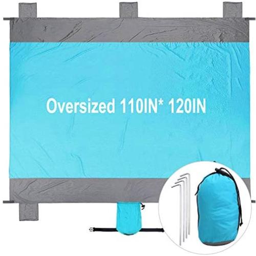 Sand Free Beach Blanket,210T Waterproof Nylon Extra Large Oversized 110X 120 for 7 Adults,Including 6 Corner Pockets + 4 Anchor Stakes,Quick Drying,Easy clean & Lightweight for Travel,Camping