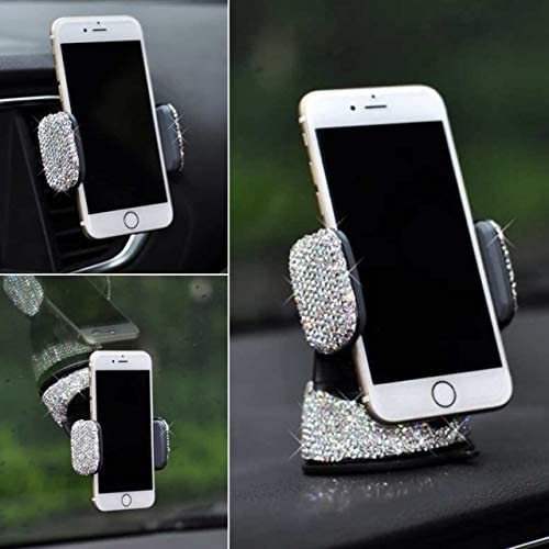 TISHAA Bling Car Phone Mount –Stand Suction Holder Rhinestone Crystal Glitter Universal Air Vent 360 Adjustable Windshield Dashboard Cute Accessories iPhone Android (White 360)