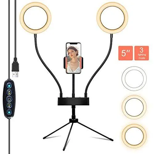 Selfie Ring Light with Tripod Stand & Cell Phone Holder 5" Double Desk Ring Light for Makeup/YouTube Video/Photography with 3 Modes and 5 Brightness Selfie Ring Light with Tripod Stand & Cell Phone Holder 5" Double Desk Ring Light for Makeup/YouTube Video/Photography with 3 Modes and 5 Brightness