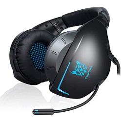 Meteor fire Rear-Mounted Computer Game Headsets, Stereo Noise-Cancelling Wired Over-Ear Headphones with Mic, LED Light, for PS4, PC Laptop Mac Computer Smartphones,Blue