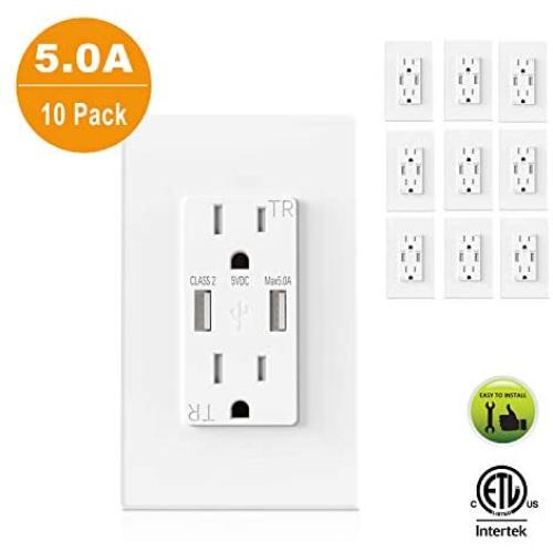 AllEasy 5.0A USB Outlet 10Pack, Duplex 15Amp Tamper Resistant Receptacles with 5.0A High Speed Dual USB Charging Port, Wall Plate Included Compatible with iPhone, Samsung Galaxy S9 & Other Smartphones