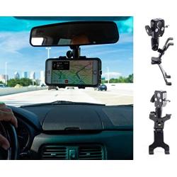 Clamptastick Universal Cell Phone Holder for Mounting On Rearview Mirror Compatible with Mobile iOS Devices, Android Smartphone GPS and More. Black Version 3