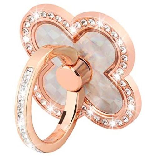 Finger Ring Stand with Blingy Diamond Rhinestone, Nsiucion Four Clover Leaf Phone Ring Kickstand Holder [Washable] [Removable], 360°Rotation Zinc Alloy Ring Grip Stand for All Phones (Rose Gold)