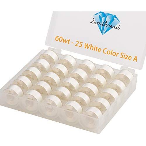 Simthread 25pcs White Prewound Bobbin Thread Size A Class 15 (SA156) 60WT with Clear Storage Plastic Case Box 70D/2 for Brother Embroidery Thread Sewing Thread Machine DIY