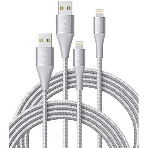 iPhone Charger 6ft 2 Pack, Xcentz Apple MFi Certified Lightning Cable Nylon Braided High-Speed Data Sync Cord with Metal Connector for iPhone 11/11 Pro/Pro max/X/XS/XR/XS Max, iPad Mini/Air, Silver