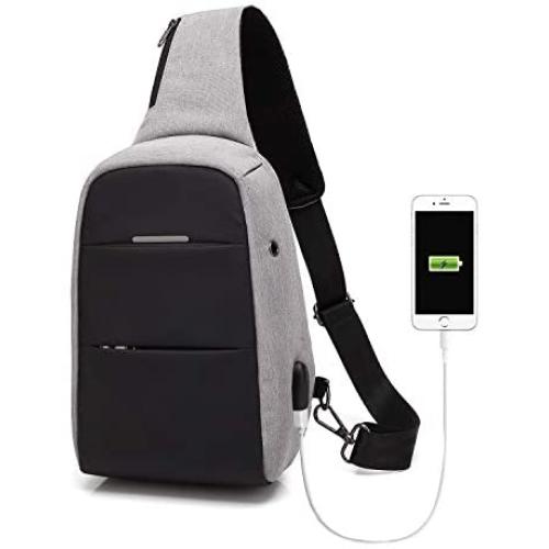 Sling Bag Anti-theft Causal Daypacks Crossbody Backpack For Men/Women Waterproof Shoulder Bag with USB Charging Port Grey