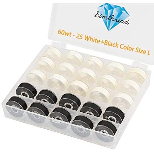 Simthread 25pcs 15White + 10Black Prewound Bobbin Thread Size L (SA155) 60WT for Brother Husqvarna Pfaff Embroidery Thread Sewing Thread Machine with Clear Storage Plastic Case DIY Simthread 25pcs 15White + 10Black Prewound Bobbin Thread Size L (SA155) 60WT for Brother Husqvarna Pfaff Embroidery Thread Sewing Thread Machine with Clear Storage Plastic Case DIY