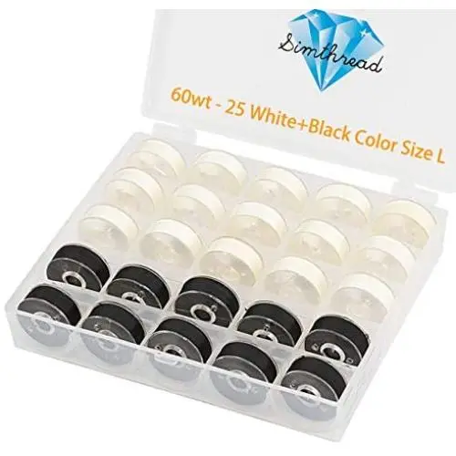 Simthread 25pcs 15White + 10Black Prewound Bobbin Thread Size L (SA155) 60WT for Brother Husqvarna Pfaff Embroidery Thread Sewing Thread Machine with Clear Storage Plastic Case DIY