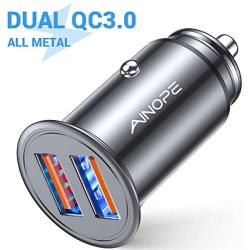 AINOPE USB Car Charger, [Dual QC3.0 Port] 36W/6A [All Metal] Fast Car Charger Mini Cigarette Lighter USB Charger Quick Charge Compatible with iPhone 11/11 pro/XR/X/XS, Note 9/Galaxy S10/S9/S8-SILVER