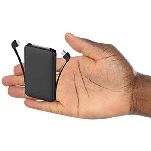 Jellysub 5000mah Ultra Compact Slim Portable Charger, Minimalist Power Bank with 2 Built-in Cables for iPhone 11, Airpods, Switch, Samsung Galaxy S20 Phone etc.（Black）