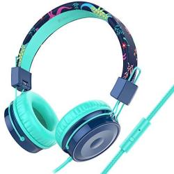 Baseman Kids Headphones with Microphone, Wired On-Ear Headsets with Safe Volume Limited 85 dB, Foldable and Adjustable Headphones with a 3.5mm Jack Cord for Children/School/Cellphone/Tablet Blue