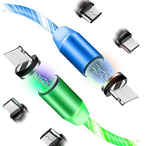 LED Flowing Magnetic Charger Green Blue Cable Light Up Candy Moving Shining Charger Phone Charging Cable Magnetic Streamer Absorption USB Snap Quick Connect 3 in 1 USB Cable