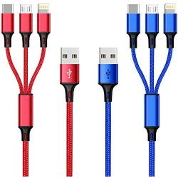 2Pack 4FT Multi USB Charging Cable 3A, 3 in 1 Fast Charger Cord Connector with Phone 11/XS/X/8/7/6/Type C/Micro USB Port Adapter, Compatible with Tablets/Samsung Galaxy/Google Pixel/LG/Huawei and More