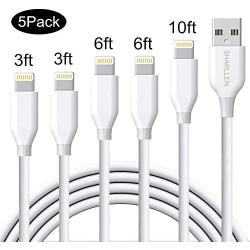 SHARLLEN iPhone Charger Cable 5Pack (3FT/6FT/10FT) Lightning Cable Long USB Fast Charging & Syncing iPhone Data Cable Wire iPhone Charging Cord Compatible iPhone11/XS/MAX/XR/X/8/7/6/iPad/iPod (White)