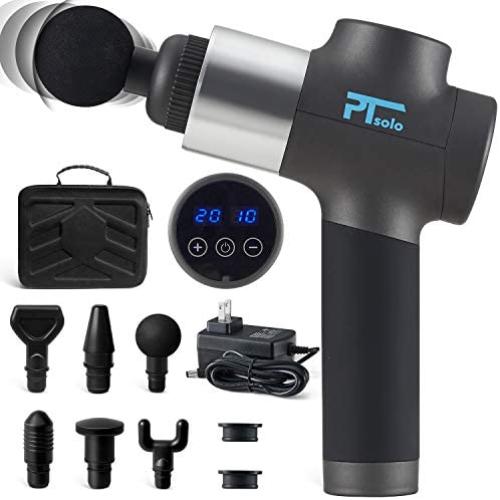 PTsolo Massage Gun Deep Tissue Muscle Massage Gun Handheld Body Percussion Massager 20 Speed Adjustable Electric Massager with 6 Heads for Relieving Muscle Pain Soreness and Stiffness