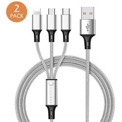 Multi Charging Cable 3 in 1 Premium Nylon Braided Multiple Device Charging Cord by BawBox - MFi Certified - Fast Charging Adapter Type C/Micro USB Compatible w/Cell Phone Tablet and More (2 Pack)