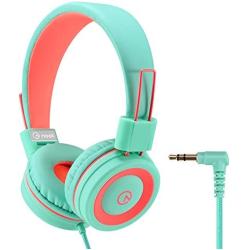 Kids Headphones - noot products K11 Foldable Stereo Tangle-Free 3.5mm Jack Wired Cord On-Ear Headset for Children/Teens/Girls/Boys/Smartphones/School/Kindle/Airplane/Plane/Tablet (Mint/Coral)