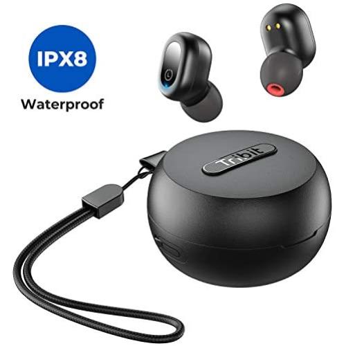 Tribit FlyBuds 1 Wireless Earbuds - 5.0 Bluetooth Earbuds IPX8 Waterproof Wireless Charging USB-C Stereo Sound Deep Bass 36H Playtime- True Wireless Earbuds with Mic for Running iPhone Android, Black