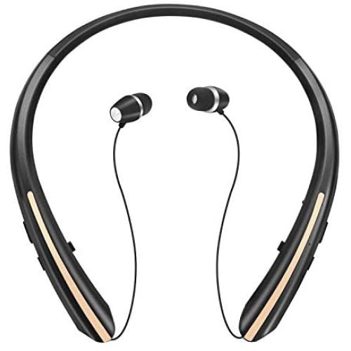 Retractable Bluetooth Headphones, Wireless Earbuds Stereo Headsets Neckband Earphone Noise Canceling with Mic by Mikicat (2020 Upgraded, 20 Hours Playtime, Black Gold)