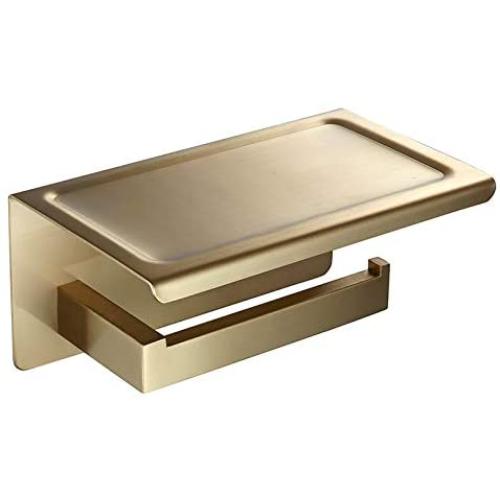 WOLIBEER Brushed Gold Finished Toilet Paper Holder, Wall Mounted Roll Tissue Holder with Shelf Mobile Phone Holder, All Stainless Steel Construction for Bathroom