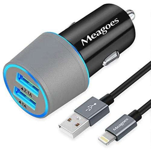 Car Charger, Meagoes 3.1A Dual USB Port Charging Adapter Compatible for iPhone 11 Pro Max/11 Pro/11/SE 2020/XS/XR/X/8 Plus/8/7/6/SE/5/iPad/Mini/Air, with 3.3ft Apple MFi Certified Lightning Cable Cord