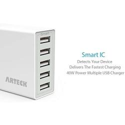 Arteck 40W 5-Port 8A High Speed Multiple USB Charger with Smart Technology for iPhone 11, 11 Pro, 11 Pro Max, SE, Xs Max, Xs, Xr, X, 8, 8 Plus, 7s, 7, 6, iPad, Samsung and Other Smartphone, Tablet