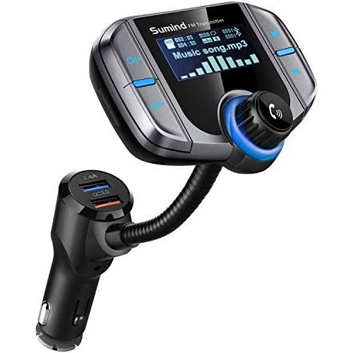 (Upgraded Version) Sumind Car Bluetooth FM Transmitter, Wireless Radio Adapter Hands-Free Kit with 1.7 Inch Display, QC3.0 and Smart 2.4A USB Ports, AUX Output, TF Card Mp3 Player(Silver Grey)