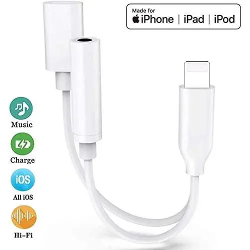 [Apple MFi Certified] Lightning to 3.5 mm Headphone Adapter Dual Ports Dongle Charger Jack&AUX Audio 3.5 mm Earphone Accessory,for iPhone 11/11 Pro/X/8,7 Plus/8 Plug and Play Support All iOS System