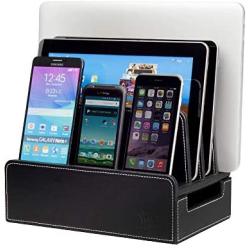 MobileVision Charging Station Slim Black Faux Leather Executive Stand and Docking Organizer for Multiple Devices, Smartphones, Tablets, Laptops