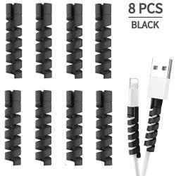 Cable Protector Spiral Phone Cable Saver Lightning Charge, Headphone, USB Cord, PC and Notebook Cable Protector, Fit for All Cell Phone - 8 PCS (Black)