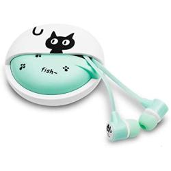 QearFun Stereo 3.5mm in Ear Cat Earphones Earbuds with Microphone with Earphone Storage Case for Smartphone MP3 iPod PC Music (Green)
