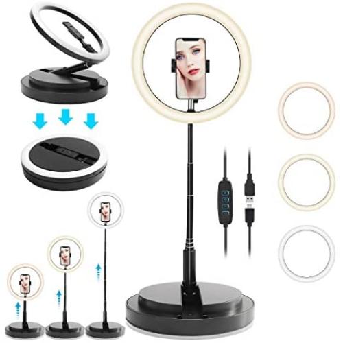 10" Integrated Professional Selfie Ring Light with Stand & Phone Holder Foldable Beauty Ring Light for Live Stream Video Photography Videography Conference, 3 Colors Lighting Mode10 Level of Brightin