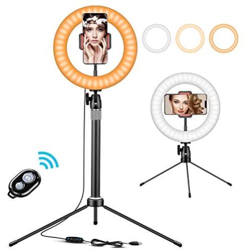 10" Ring Light with Tripod Stand, Desktop Ring Light with Adjustable Height Level, 3 Light Colors, 6 Levels Brightness(3200K-6500K), Remote Control, Flexible Phone Holder for Live Stream/Makeup