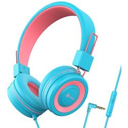 iClever Kids Headphones - Wired Headphones Kids, Adjustable Headband, Stereo Sound, Foldable, Untangled Wires, 3.5mm Aux Jack, 94dB Volume Limited - Childrens Headphones on Ear, Blue (Blue,Pink)