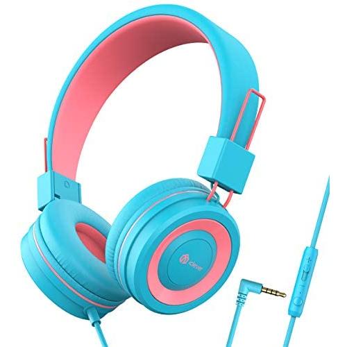 iClever Kids Headphones - Wired Headphones Kids, Adjustable Headband, Stereo Sound, Foldable, Untangled Wires, 3.5mm Aux Jack, 94dB Volume Limited - Childrens Headphones on Ear, Blue (Blue,Pink)
