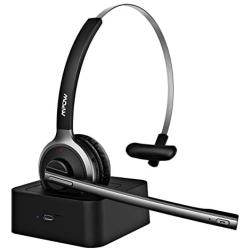 Mpow M5 Pro Bluetooth Headset with Microphone, Wireless Headphones for Cell Phone, Noise Canceling Headset with Charging Base for PC, Laptop, Truck Driver, Office, Call Center, Skype