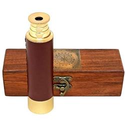 Hanzla Collection Leather Stitched Polished Brass Handheld Telescope 14" Nautical Pocket Gift Pirate Spyglass with Wooden Box