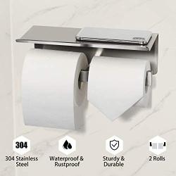 CRO DECOR Bathroom Toilet Paper Holder with Shelf, Stainless Steel Double Roll Toilet Tissue Holder Dual Wall Mounted for Mobile Phone Storage, Commercial Toilet Paper Dispenser, Brushed Nickel