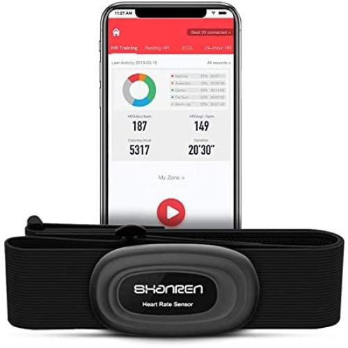 Shanren Heart-Rate-Monitor Chest Strap, Beat 20 Rechargeable HR Sensor, Vibration Alert, Built-in Memory with 100 Sessions