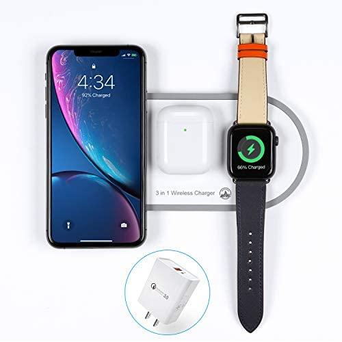 2020 Upgraded Wireless Charger 3 in 1 Wireless Charging Pad Fast Apple Charge Dock Station for Air Pods Pro 1 2 iWatch Series1 2 3 4 5 iPhone 8 8 Plus X Xr Xs Max 11 11 Pro Max with QC 3.0 Adapter