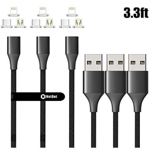 NetDot Magnetic Charging Cable,Gen10 3 in 1 Nylon Braided Fast Charging Magnetic Cable with LED Compatible Micro USB & USB-C Smartphones and i-Product (3.3ft/3 Pack Black)
