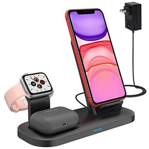 SimpJoy Wireless Charger, Wireless Charging Stand for iPhone AirPods Pro and Apple Watch, 3 in 1 Fast Charging Station Dock Works for iPhone 11/11 Pro Max/XR/XS/X/8/8 Plus (with iWatch Charger)…