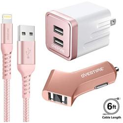 iPhone Charger, Overtime Apple MFi Certified 6ft Braided Lightning USB Cable with Dual Port Wall & Car Charger Adapter for iPhone 11 Pro Max X Xs XR 8 7 6s 5 SE, iPad Pro Air Mini – Rose Gold