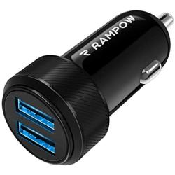 RAMPOW 24W Dual USB Car Charger - [DC 12-24V] 4.8A Fast Car Charger - USB Car Charger Adapter Compatible with iPhone, Samsung, LG, HTC, Sony, Oneplus, Tablets, GPS Devices and More - Black