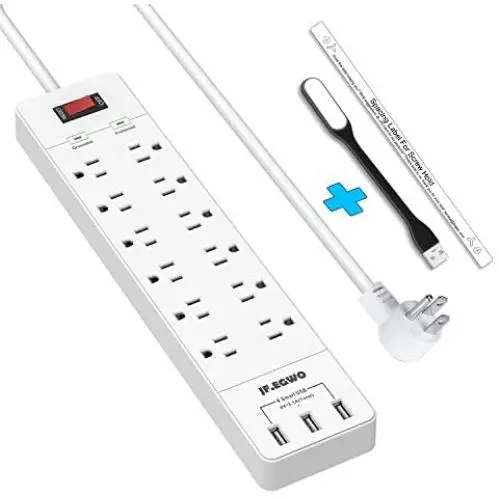 3 USB Surge Protector with 12 Outlets Flat Plug Power Strips, 6 Feet Extension Cords with 5V/3.1A 15AMP and 1700 Joules for Protect Electricity and Smart Phone Charging by JF.EGWO, White 3 USB Surge Protector with 12 Outlets Flat Plug Power Strips, 6 Feet Extension Cords with 5V/3.1A 15AMP and 1700 Joules for Protect Electricity and Smart Phone Charging by JF.EGWO, White