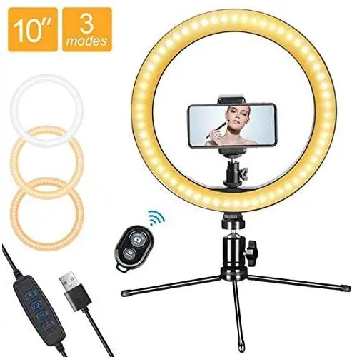 LED Ring Light 10" with Tripod Stand & Phone Holder for Live Stream/Makeup/YouTube, Selfie Ring Light with 3 Light Modes & 10 Brightness Level & Camera Remote Shutter LED Ring Light 10" with Tripod Stand & Phone Holder for Live Stream/Makeup/YouTube, Selfie Ring Light with 3 Light Modes & 10 Brightness Level & Camera Remote Shutter