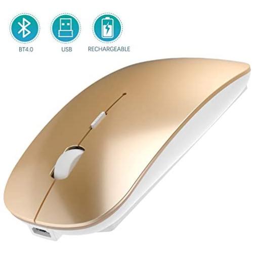 Bluetooth Wireless Mouse, Dual Mode Slim Rechargeable Wireless Mouse Silent Cordless Mouse with Bluetooth 4.0 and 2.4G Wireless, Compatible with Laptop, PC, Windows Mac Android OS Tablet (Gold)