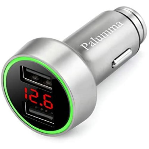 Palumma 24W/4.8A Dual USB Car Charger, 12V to USB Outlet with Cigarette Lighter Voltage Meter LED/LCD Display Battery Low Voltage Warning (Silver)